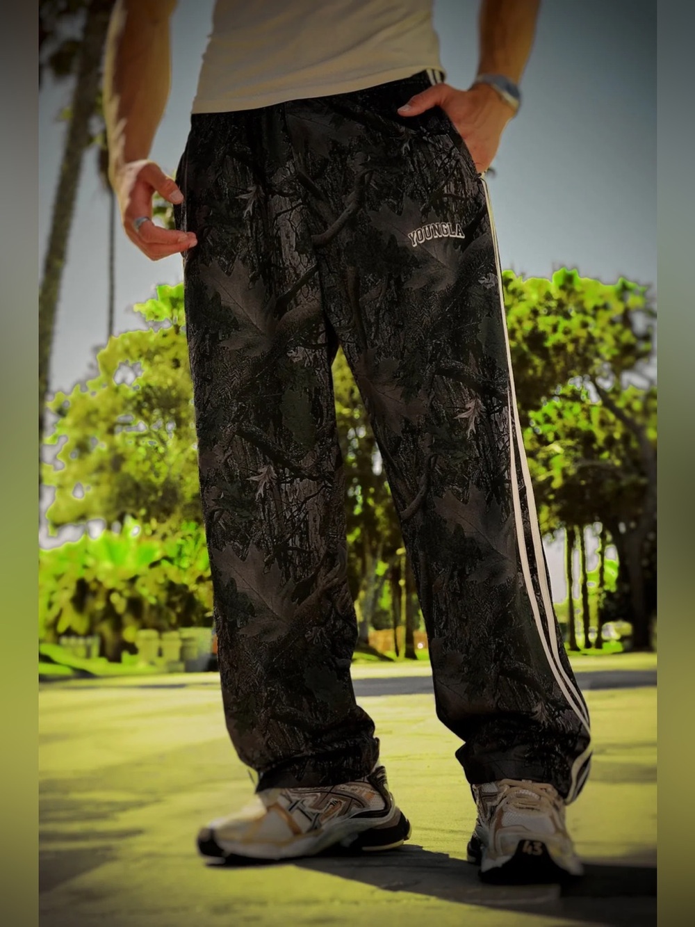 YoungLA retro warm up track pants. Size M. Tree camouflage